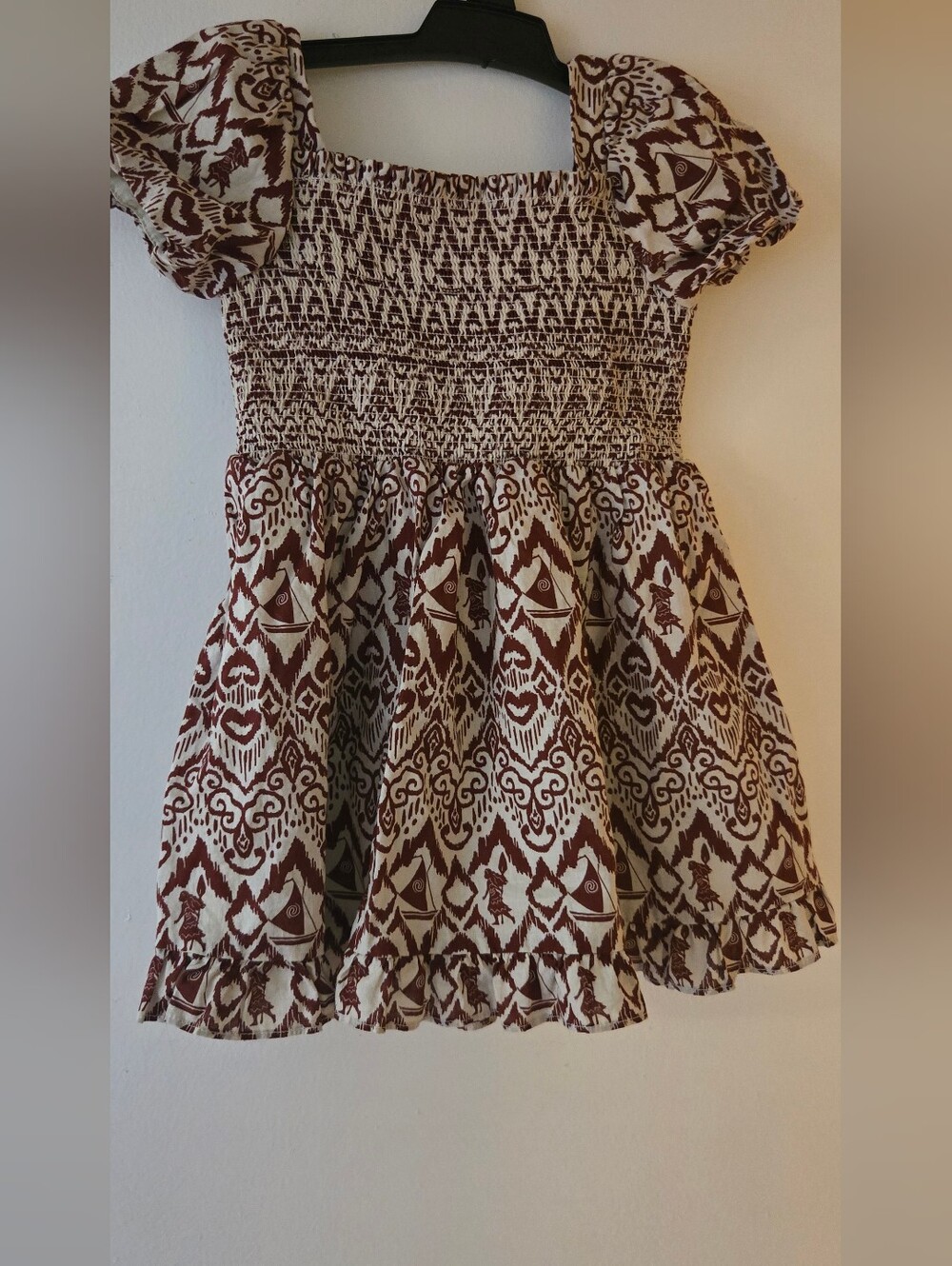 DISNEY X Janie and Jack Brown and Cream Smocked MOANA Puff-Sleeve Dress